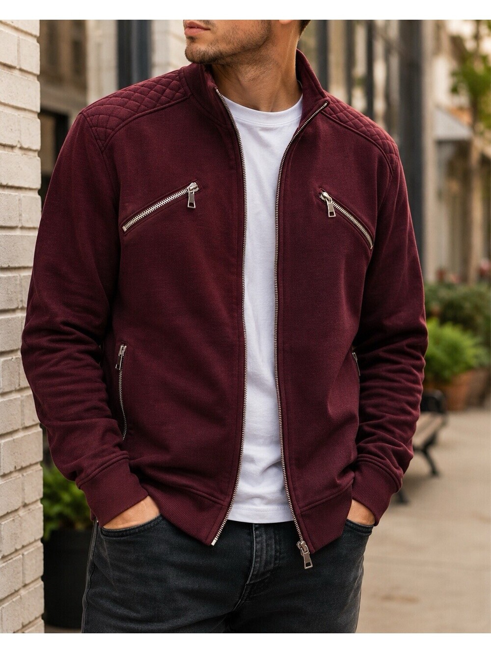 INC International Concepts Men’s Zip Jacket Burgundy Wine Quilted Moto XL